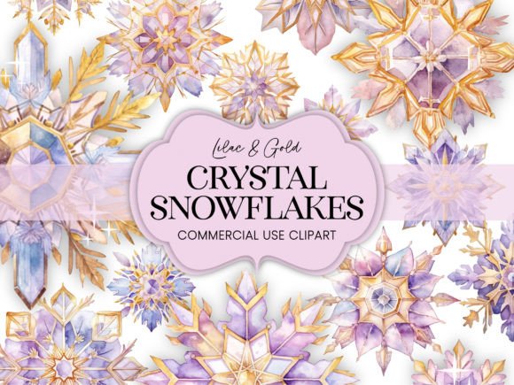 Download Lilac Gold Watercolor Crystal Snowflakes - Premium Bundle