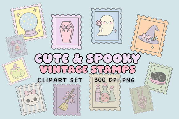 Download Cute &amp; Spooky Vintage Stamps Clipart Set - Cute Collection